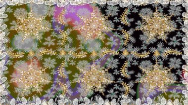 Hassas altın deseni açın. Kusursuz altın desenli bukleler. Gri renklerde, altın elementlerle kusursuz desen. Raster. Doğu tarzı arabesk. Parlak dantel, stilize çiçekler, şal desenli.