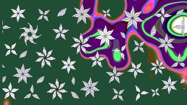 Çok yeşil zarif küçük çiçekler ve yeşil renkli komik böcekler, raster desen, illüstrasyon.