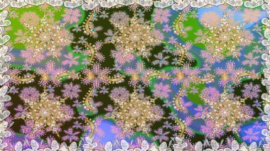 Raster soyut çiçek çelengi altın karalama fantezi yaprakları ve tarafsız renklerde çiçek. El yapımı dekoratif çerçeve, albüm kapağı, tebrik kartı, klasik Art deco tarzı.