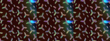 Kar tanelerinin soyut arkaplanlı Noel şablonu. Kahverengi, yeşil ve mavi kar taneleri. Renkler. Raster illüstrasyonu. Noel ve Yeni Yıl moda baskıları için tatil tasarımı.