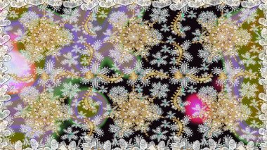 Damask arkaplanı tekerrür ediyor. Gri renklerdeki altın element. Antika altın tekrarlanabilir duvar kağıdı. Barok tarzında altın çiçek süsü..