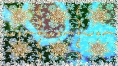 Raster illüstrasyonu. Kart, duvar kağıdı, ambalaj ve tekstil için klasik tasarım. Kusursuz desenli altın elementler. Klasik çiçek dokusu. Altın şablon. Mavi renkte Royal retro.