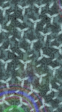 1950-1960 motifleri. El çizimi çiçek unsurları olan soyut çizim raster deseni. Çiçekli ipek eşarp. Tarafsız, tarafsız. Retro tekstil tasarım koleksiyonu.