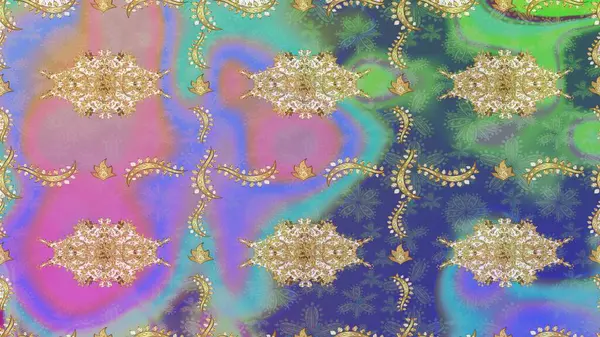 Menekşe renklerinde altın tekrarlayan elementlerle soyut arkaplan. Eskiz oryantal klasik altın desen.