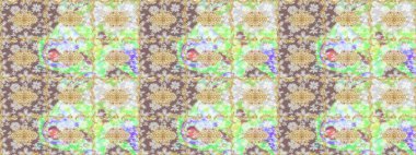 El yapımı dekoratif çerçeve, albüm kapağı, tebrik kartı, klasik Art deco tarzı. Raster soyut çiçek çelengi altın karalama fantezi yaprakları ve tarafsız renklerde çiçek.