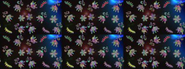 Gri, siyah ve mavi kar taneleri. Raster illüstrasyonu. Noel ve yeni yıl moda baskıları için tatil tasarımı. Kar tanelerinin soyut arkaplanlı Noel şablonu. Renkler.