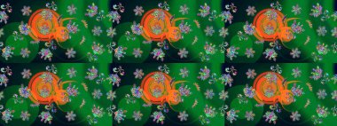 Raster illüstrasyonu. Kar tanelerinin soyut arkaplanlı Noel şablonu. Noel ve yeni yıl moda baskıları için tatil tasarımı. Yeşil ve mavi kar taneleri.