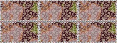 Çiçeksiz desenli, suluboya elle çizilmiş elementler. Parlak renkli fantezi çiçekleri, yapraklar, kahverengi renkli tomurcuklar, kahverengi.