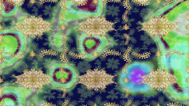 Altın karalama fantezi yapraklarından ve yeşil renkli çiçeklerden Raster soyut çiçek çelengi. El yapımı dekoratif çerçeve, albüm kapağı, tebrik kartı, klasik Art deco tarzı.