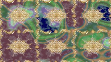 Doku arka planında altın duvar kâğıdı. Kahverengi renklerde altın element. Damask çizimi tekrarlanıyor. Barok tarzında altın çiçekli süs..