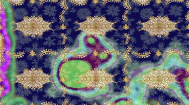 Barok tarzında eskiz oryantal süsü. Geleneksel altın sarısı desenli mavi renkli ve altın elementli.