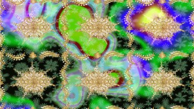 Klasik Raster altın desenini çiz. Altın elementlerle yeşil renklerde altın desen. Geleneksel oryantasyon süsü. Klasik vintage arkaplan.