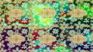 Raster eskiz deseni, altın antika ortaçağ dekoratifi, yapraklar ve yeşil renkli altın desenli süslemeler. Kraliyet lüksü, altın barok kumaş rengi..