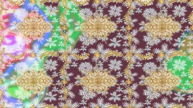 Damask çizimi tekrarlanıyor. Barok tarzında altın çiçekli süs. Antika altın tekrarlanabilir duvar kağıdı. Kahverengi renklerde altın element.