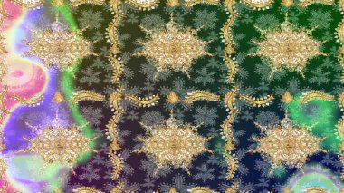 Süslü dekorasyon. Raster illüstrasyonu. Damask altın soyut çiçek deseni yeşil renkler üzerine çizim.