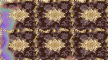 Tasarım için Damask çizim kalıbı. Kahverengi renklerde altın elementlerle Raster çizim deseni.