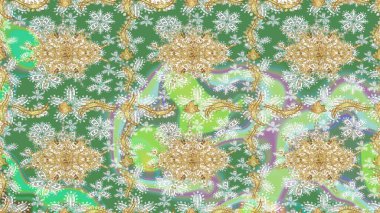 Doğu tarzında klasik tasarım öğesi. Duvar kâğıdı için altın süslü bir illüstrasyon. Çiçek süslemeli Raster eskiz deseni. Süslü dantel iz sürücü. Yeşil renkler üzerine geleneksel Arapça dekor.