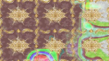 Eskiz kalıbı altın elementler. Kart, duvar kağıdı, ambalaj ve tekstil için klasik tasarım. Raster illüstrasyonu. Klasik çiçek dokusu. Kahverengi renkte Royal retro. Altın şablon.