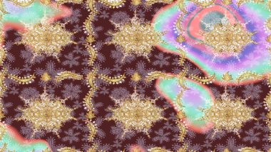 Lüks, kraliyet ve Viktorya dönemi konsepti. Süslü raster dekorasyonu. Kahverengi renklerde altın element. Kahverengi yerine altın rengi barok çiçekli eskiz deseni.