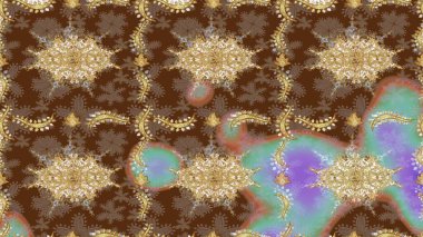 Geleneksel oryantasyon süsü. Kahverengi renklerde altın desenler ve altın elementler. Klasik klasik klasik arka plan. Klasik Raster altın desenini çiz.