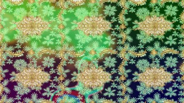 Tasarım için Damask çizim kalıbı. Yeşil renkler ve altın elementler üzerine Raster çizim deseni.