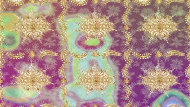 Hassas altın deseni açın. Parlak dantel, stilize çiçekler, şal desenli. Altın desenli bukleler çiz. Raster. Tarafsız renklerde altın elementlerle çizim. Doğu tarzı arabesk.