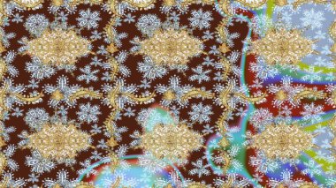 Kahverengi renklerde altın elementlerle Raster eskiz deseni. Tasarım için Damask çizim deseni.