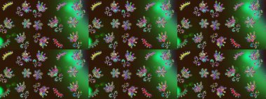 Raster illüstrasyonunda kusursuz çiçek deseni. Renkli Bahar Temalı Kusursuz Arkaplan. Düz Çiçek Elementleri Tasarımı. Çiçekler kahverengi, yeşil ve gri renklerde.