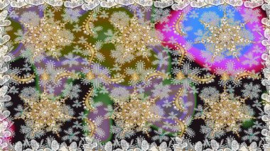 El yapımı dekoratif çerçeve, albüm kapağı, tebrik kartı, klasik Art deco tarzı. Raster soyut çiçek çelengi altın karalama fantezi yaprakları ve gri renkli çiçekler.