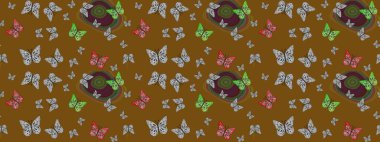 Renkli kelebeklerin eskiz geçmişi. Giysi tasarımı için kahverengi arka planda dekorasyon. Raster illüstrasyonu.