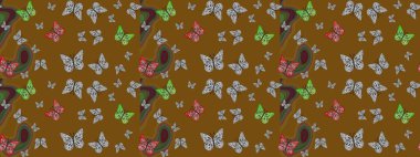 Kağıt, kumaş ve ambalaj için uygun. Raster çiçek desenli kelebek deseni. Kahverengi renkli illüstrasyon.
