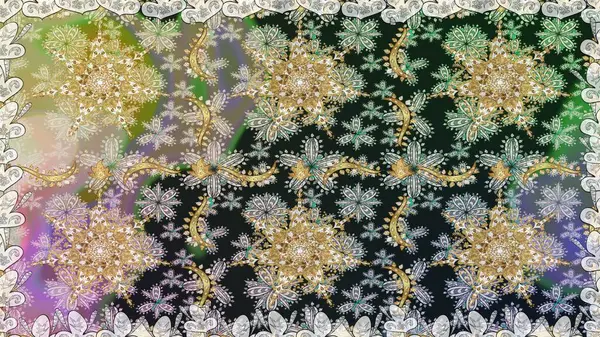 Raster illüstrasyonu. Kusursuz ortaçağ çiçek deseni. Gri renklerde altın. Doğum günü kartı, davetiye ya da afiş için iyidir. Dekoratif simetri arabesk.