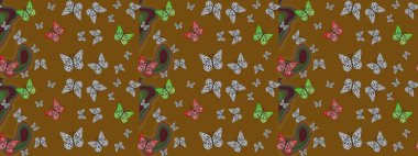 Kağıt, kumaş ve ambalaj için uygun. Raster çiçek desenli kelebek deseni. Kahverengi renkli illüstrasyon.