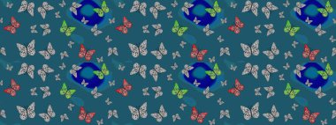 Mavi arka planda suluboya kelebekler. Raster illüstrasyonu. Fantezi sevimli illüstrasyon. Erkekler, kızlar, kıyafetler, duvar kağıtları için soyut çizim kalıbı.