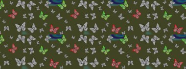 Davetiye, kart ve parmak izi için basit şirin bir model. Yeşil arka planda renkli bir kelebek. Kelebeklerle dolu renkli bir halk eskizi çizimi..