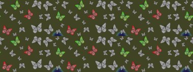 Yeşil arka planda renkli kelebek koleksiyonu. Kart, baskı ve davetiye için basit kadınsı bir model. Raster illüstrasyonu. Kağıt, kumaş ve ambalaj için uygun. Çizim.