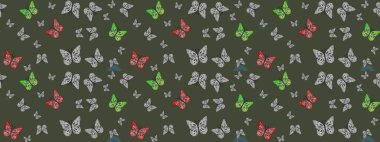 Raster illüstrasyonu. Renkli kelebeklerin eskiz geçmişi. Yeşil üzerinde sevimli kelebekler. Ambalaj kağıtları ve duvar kağıtları için güzel bir arkaplan, kumaş tasarımı, kağıt..