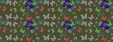 Yeşil renkli Raster Arkaplanı. Kart, Davetiye ve Yazdırma için Şirin Kadınsı Desen. Renkli Kelebeklerle Bahar Arkaplanı. Güzel Kelebek Siluetleriyle Moda Dekorasyonu.