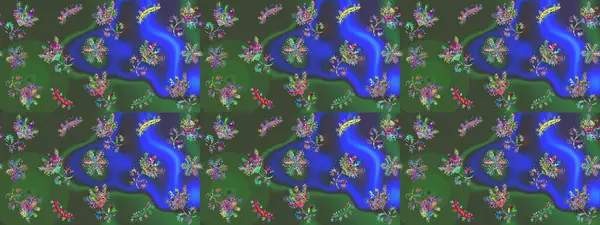 Bokeh yeşili, mavi, menekşe ve kar taneleriyle dekoratif Noel arkaplanı. Raster illüstrasyonu.