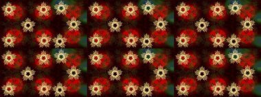 İllüzyon. Güzel, kahverengi, kırmızı ve siyah kar taneleri renkli bir arka planda izole edilmiş. Kar taneleri, kar yağışı. Düşen Noel stilize kar taneleri.