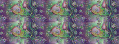 Yeşil, nötr ve mor renkli çiçeklerle kusursuz çiçek deseni. Çiçekler suluboya tarzında yeşil, nötr ve mor renkte.