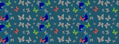 Davetiye, kart ve parmak izi için basit kadınsı bir model. Mavi arka planda kelebek. Robot resim. Raster illüstrasyonu.