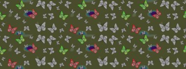 Raster Kelebekleri deseni. Soyut eskiz arka planı. Güzel bir kumaş tasarımı. Yeşil renkler üzerine resim.