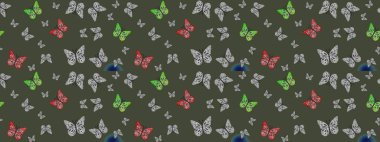 Yazdırmayı tekrarla. Yeşil, soyut suluboya kelebeklerle bezenmiş yumuşak bir deniz mavisi deseni. Raster illüstrasyonu. Sonsuz.