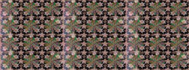 Renkli Bahar Temalı Kusursuz Arkaplan. Siyah renkli şirin çiçek deseni. Raster Modaya uygun kumaş deseni. Düz Çiçek Elementleri Tasarımı.