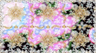 İslam tasarımı. Kusursuz desenli oryantal süs. Çiçek kiremitleri. Raster altın tekstil baskısı. Altın elementlerle nötr renklerde altın desen.