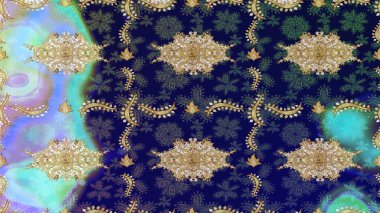 Mavi renkler ve altın elementler üzerine çizim. Klasik klasik klasik arka plan. Geleneksel oryantasyon süsü. Raster illüstrasyonu. Klasik Raster altın desenini çiz.