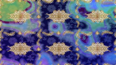 Kına dövmeli süs çiçekleri, altın çıkartmalar, mehndi ve yoga tasarımı, kartlar ve parmak izleri. Mavi renkte desen. Raster Golden Mehndi eskiz kalıbı.