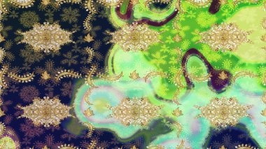 Geleneksel oryantasyon süsü. Yeşil renkler ve altın elementler üzerine çizim. Klasik klasik klasik arka plan. Klasik Raster altın desenini çiz.