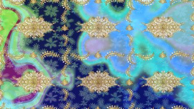 Doku arka planında altın duvar kâğıdı. Mavi renklerdeki altın element. Barok tarzında altın çiçekli süs. Damask çizimi yinelenen arkaplan.